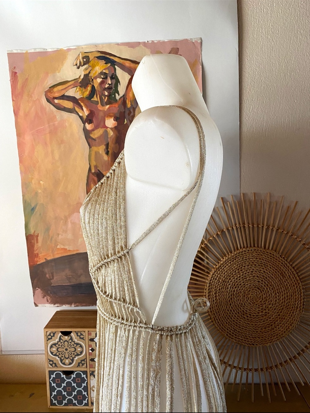 Custom Ivory Fringe V-Neck Dress with High Neck - Picture 7 of 9